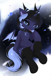 Size: 2597x3840 | Tagged: safe, artist:empress-twilight, derpibooru import, edit, oc, oc only, oc:blizzard shard, bat pony, incubus, pony, :p, abstract background, belly, belly button, black sclera, chest fluff, clothes, collar, constellation freckles, crescent moon, dark coat, freckles, horns, moon, panties, short mane, socks, solo, spiked collar, star freckles, tail, tongue, tongue out, two toned mane, two toned tail, underwear