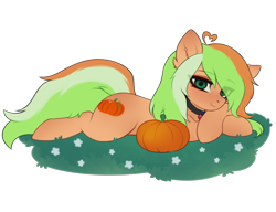 Size: 2600x2000 | Tagged: safe, artist:alunedoodle, derpibooru import, oc, oc only, oc:pumpkin twist, earth pony, pony, ahoge, collar, fangs, female, grass, jewelry, looking at you, lying down, mare, necklace, piercing, pumpkin, smiling, solo, three toned mane