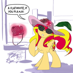 Size: 3600x3600 | Tagged: safe, artist:ponny, derpibooru import, sunset shimmer, pony, unicorn, g4, bag, cup, diva, flower, hat, hay bale, horn, magic, shelf, solo, speech bubble, sun hat, sunglasses, table, teacup, telekinesis, text