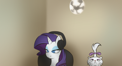 Size: 3468x1873 | Tagged: safe, artist:maretheory.exe, derpibooru import, opalescence, rarity, cat, pony, unicorn, g4, 4chan cup, chair, duo, headphones, horn, looking at you, meme