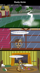 Size: 1920x3516 | Tagged: safe, artist:platinumdrop, derpibooru import, derpy hooves, doctor whooves, oc, oc:dusty hooves, earth pony, pegasus, pony, comic:dusty acres, series:technoverse, g4, 3 panel comic, canon, comforting, comic, crying, dialogue, female, filly, foal, lightning, male, pointing, rain, sitting, speech bubble, stallion, standing, thunderstorm, toy, younger