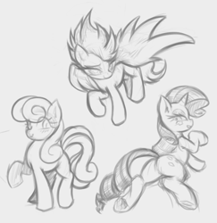 Size: 5153x5291 | Tagged: safe, artist:maretheory.exe, derpibooru import, bon bon, rarity, spitfire, sweetie drops, earth pony, pegasus, pony, unicorn, g4, bedroom eyes, female, happy, horn, looking at you, mare, monochrome, sketch, trio