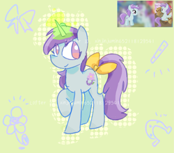 Size: 1709x1505 | Tagged: safe, artist:xinjinjumin652118129541, derpibooru import, liza doolots, petunia, tootsie flute, pony, unicorn, g4, bow, female, filly, foal, glowing, glowing horn, green background, horn, multiple cutie marks, raised hoof, raised leg, reference used, simple background, smiling, solo, tail, tail bow, text