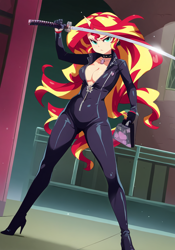 Size: 896x1280 | Tagged: safe, ai content, derpibooru import, generator:novelai, generator:stable diffusion, machine learning generated, sunset shimmer, human, equestria girls, g4, absolute cleavage, bag, boots, breasts, catsuit, cleavage, clothes, female, high heel boots, high heels, horn, horned humanization, humanized, katana, martial arts, purse, shoes, solo, sword, weapon