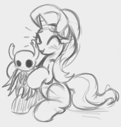 Size: 2590x2721 | Tagged: safe, artist:maretheory.exe, derpibooru import, starlight glimmer, pony, unicorn, g4, blushing, crossover, duo, female, happy, hollow knight, horn, hug, mare, monochrome, sketch