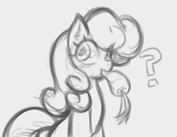 Size: 2545x1961 | Tagged: safe, artist:maretheory.exe, derpibooru import, carrot top, golden harvest, earth pony, pony, g4, carrot, eating, female, food, herbivore, looking at you, mare, monochrome, question mark, sketch, solo