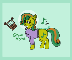 Size: 2048x1724 | Tagged: safe, artist:arsonrabbit, derpibooru import, oc, oc only, oc:greennote, pony, unicorn, g4, abstract background, circle background, clothes, digital art, female, green coat, green hair, green mane, green tail, horn, looking at you, mare, passepartout, purple eyes, shirt, signature, solo, tail, unicorn oc