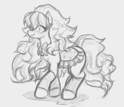 Size: 4811x4134 | Tagged: safe, artist:maretheory.exe, derpibooru import, candi (wild manes), looking at you, monochrome, saddle, simple background, sketch, smiling, solo, tack, white background, wild manes