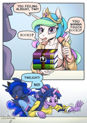 Size: 480x679 | Tagged: safe, artist:mysticalpha, derpibooru import, edit, princess celestia, princess luna, twilight sparkle, anthro, g4, boobs? wanna touch boobs?, book, breasts, comic, meme, princess breastia, text, that pony sure does love books, winrar