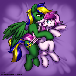 Size: 3000x3000 | Tagged: safe, artist:jedayskayvoker, derpibooru import, oc, oc:chacek, oc:plum taffy, bat pony, pegasus, bed, cuddling, gay, hug, lying down, male, on bed, size difference, spooning, stallion, stallion on stallion, wings