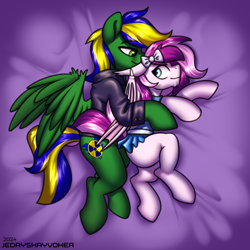 Size: 3000x3000 | Tagged: safe, artist:jedayskayvoker, derpibooru import, oc, oc:chacek, oc:plum taffy, bat pony, pegasus, bed, bow, clothes, crossdressing, cuddling, gay, hair bow, hug, lying down, male, on bed, shirt, size difference, skirt, spooning, stallion, stallion on stallion, wings