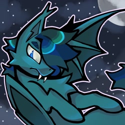 Size: 1280x1280 | Tagged: safe, artist:sharktempo, derpibooru import, oc, oc only, bat pony, pony, bat pony oc, blue coat, fangs, moon, night, outline, solo, stars, unamused, white outline