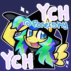 Size: 1280x1280 | Tagged: safe, artist:sharktempo, derpibooru import, oc, oc only, pegasus, pony, commission, hat, open mouth, open smile, outline, smiling, solo, white outline, witch hat, ych result