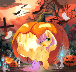 Size: 4165x3928 | Tagged: safe, alternate version, artist:三月, derpibooru import, oc, oc only, oc:plum blossoms, earth pony, ghost, pony, undead, absurd resolution, blue fire, bowtie, candle, candy, chest fluff, commission, cross, dawn, dead tree, earth pony oc, female, food, green eyes, halloween, high res, holiday, jack-o-lantern, lollipop, lying down, mare, moon, neck bow, nightmare night, on back, open mouth, outdoors, pumpkin, purple mane, purple tail, sky, solo, spider web, sucking, tail, tree, underhoof, ych result