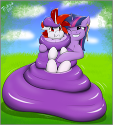 Size: 1818x2000 | Tagged: safe, alternate version, artist:triksa, derpibooru import, twilight sparkle, oc, oc:ryoku memori, lamia, original species, pony, snake, unicorn, g4, alternate character, canon x oc, coils, grass, grin, happy, horn, hug, lamiafied, one eye closed, simple background, smiling, species swap, tail, tail wrap, wrapped up