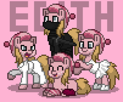 Size: 404x336 | Tagged: safe, derpibooru import, oc, oc only, earth pony, pony, ballet, blank flank, blonde, blonde mane, blonde tail, clothes, cute, despicable me, digital art, edith gru, female, freckles, group, karate, leggings, mane, ninja, pink, pink background, pink body, pixel art, ponified, pony town, quartet, simple background, species swap, tail