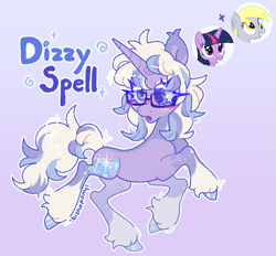 Size: 2153x1995 | Tagged: safe, artist:bishopony, derpibooru import, derpy hooves, twilight sparkle, oc, oc:dizzy spell, pegasus, pony, unicorn, g4, blush scribble, blushing, coat markings, colored pupils, female, freckles, fusion, fusion:derpy hooves, fusion:twilight sparkle, glasses, gradient background, horn, long eyelashes, mare, name, signature, socks (coat marking), solo, sparkles, standing, standing on one leg, unshorn fetlocks