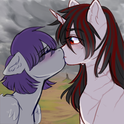 Size: 4000x4000 | Tagged: safe, artist:alienz_tea, derpibooru import, oc, oc:blackjack, oc:morning glory (project horizons), pegasus, pony, unicorn, fallout equestria, fallout equestria: project horizons, absurd resolution, blushing, ear fluff, ears, eye clipping through hair, eyebrows, eyebrows visible through hair, fanfic art, female, female oc, floppy ears, gloryjack, horn, kissing, lesbian, mare, mare oc, oc x oc, outdoors, pegasus oc, shipping, unicorn oc