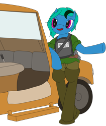 Size: 2449x2905 | Tagged: safe, artist:timejumper, derpibooru import, oc, oc only, oc:shanalotte, anthro, earth pony, boots, bulletproof vest, car, clothes, earth pony oc, pants, shoes, simple background, solo, thigh boots, transparent background