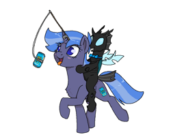 Size: 922x754 | Tagged: safe, artist:mileslancer, derpibooru import, oc, oc:loki, oc:twinkleshine, changeling, pony, unicorn, drink, energy drink, horn, lure, male, monster energy, ms paint, riding, silly, silly pony, simple background, stick, string, tongue, tongue out