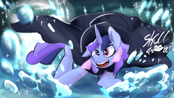 Size: 3840x2160 | Tagged: safe, artist:skullfroggy, derpibooru import, oc, oc only, oc:flawless sparklemoon, pony, unicorn, 4k, cape, clothes, female, fusion, fusion:trixie, fusion:twilight sparkle, fusion:twixie, hat, high res, horn, mare, my little pony the movie: the death of twilight sparkle, open mouth, open smile, signature, smiling, solo, starry eyes, top hat, wingding eyes