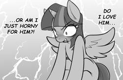 Size: 3479x2279 | Tagged: safe, artist:maretheory.exe, derpibooru import, twilight sparkle, twilight sparkle (alicorn), alicorn, g4, angry, blushing, female, grayscale, mare, monochrome, sitting, thinking