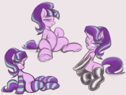 Size: 3827x2912 | Tagged: safe, artist:maretheory.exe, derpibooru import, starlight glimmer, pony, unicorn, g4, bedroom eyes, belly, clothes, female, horn, latex, latex socks, mare, seductive look, seductive pose, simple background, socks, spread legs, spreading, striped socks, white background