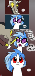 Size: 1000x2128 | Tagged: safe, artist:valcron, derpibooru import, edit, discord, dj pon-3, vinyl scratch, unicorn, g4, cropped, cute, horn, red eyes, speech bubble, vinyl's glasses