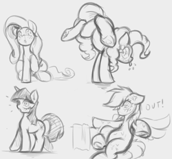 Size: 5639x5224 | Tagged: safe, artist:maretheory.exe, derpibooru import, fluttershy, pinkie pie, rainbow dash, twilight sparkle, earth pony, pegasus, unicorn, g4, angry, female, grayscale, horn, legs in air, mare, monochrome, sketch, surprised, tongue, tongue out, towel, wet