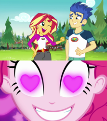 Size: 1280x1440 | Tagged: safe, derpibooru import, edit, edited screencap, screencap, flash sentry, pinkie pie, sunset shimmer, human, better together, coinky-dink world, eqg summertime shorts, equestria girls, g4, legend of everfree, camp everfree outfits, female, flashimmer, male, meme, one eye closed, pine tree, pinkie's eyes, punch, shipping, smiling, straight, tree, wink