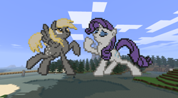 Size: 1842x1020 | Tagged: safe, derpibooru import, derpy hooves, rarity, pegasus, pony, unicorn, g4, horn, minecraft, outdoors