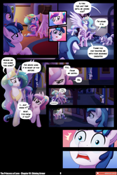 Size: 3540x5309 | Tagged: safe, artist:lummh, artist:whitequartztheartist, derpibooru import, night light, princess cadance, princess celestia, shining armor, twilight velvet, alicorn, pony, unicorn, comic:the princess of love, g4, absurd resolution, comic, crown, crying, female, hoof shoes, horn, jewelry, male, mare, peytral, princess shoes, regalia, sparkles, sparkly mane, sparkly tail, speech bubble, stallion, tail, teen princess cadance, younger