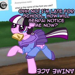 Size: 800x800 | Tagged: safe, artist:thedragenda, derpibooru import, oc, oc:ace, earth pony, pony, ask-acepony, bread, clothes, female, food, mare, mouth hold, schoolgirl toast, skirt, solo, toast