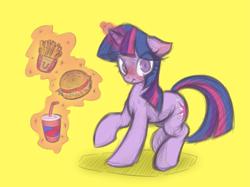 Size: 6405x4799 | Tagged: safe, artist:maretheory.exe, derpibooru import, twilight sparkle, pony, unicorn, g4, blushing, burger, female, food, french fries, hay burger, horn, looking at you, magic, magic aura, mare, nervous, simple background, soda, surprised, twilight burgkle, yellow background