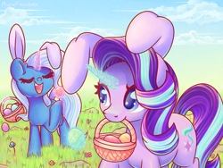 Size: 1600x1200 | Tagged: safe, artist:musicfirewind, derpibooru import, starlight glimmer, trixie, pony, unicorn, g4, basket, bunny ears, cloud, duo, duo female, easter, easter basket, easter egg, egg, eyes closed, female, glowing, glowing horn, grass, holiday, horn, levitation, magic, magic aura, mare, mouth hold, open mouth, outdoors, raised hoof, raised leg, sky, tail, telekinesis