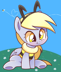 Size: 1200x1409 | Tagged: safe, artist:talim_stuff, derpibooru import, derpy hooves, bee, insect, pegasus, pony, g4, animal costume, antennae, bee costume, blushing, clothes, costume, cute, derpabetes, female, flight trail, flower, headband, heart, mare, outdoors, scrunchy face, sitting, solo, underhoof, weapons-grade cute