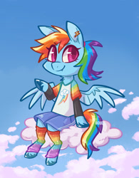 Size: 1323x1700 | Tagged: safe, artist:kazunekomori, derpibooru import, rainbow dash, pegasus, semi-anthro, g4, beanbrows, clothes, cloud, cute, cute little fangs, ear piercing, earring, eyebrows, eyebrows visible through hair, fangs, female, jewelry, layered shirt, leg warmers, lightly watermarked, looking at you, mare, neck fluff, on a cloud, outdoors, piercing, ponytail, rainbow leg warmers, shirt, shorts, sitting, sitting on cloud, solo, spread wings, t-shirt, unshorn fetlocks, watermark, wings