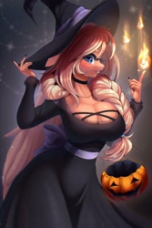 Size: 2000x3000 | Tagged: safe, artist:yuozka, derpibooru import, oc, oc only, oc:amber swirl, anthro, pegasus, big breasts, braid, breasts, choker, cleavage, clothes, costume, female, fire, fire magic, halloween, halloween costume, hat, high res, magic, pail, solo, witch costume, witch hat