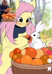 Size: 1700x2400 | Tagged: safe, artist:yuozka, derpibooru import, angel bunny, fluttershy, pegasus, pony, rabbit, g4, animal, blushing, clothes, cute, feeding, female, mare, outdoors, persimmon, ponified, scarf, shyabetes, species swap, squatting