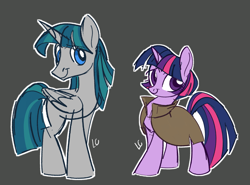 Size: 2253x1668 | Tagged: safe, artist:ladictadora, derpibooru import, stygian, twilight sparkle, unicorn twilight, alicorn, pony, unicorn, g4, alicornified, alternate universe, cloak, clothes, dark background, duo, duo male and female, female, gray background, horn, male, mare, race swap, role reversal, simple background, stallion, stygicorn