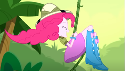 Size: 699x399 | Tagged: safe, derpibooru import, screencap, pinkie pie, human, eqg summertime shorts, equestria girls, g4, the canterlot movie club, adorkable, athletic, boots, clothes, courage, cropped, cute, diapinkes, dork, eyes closed, female, feminism, forest, hat, high heel boots, jungle, nature, outdoors, pith helmet, sassapinkes, shirt, shoes, short sleeves, side view, skirt, solo, swinging, tarzan, tree, vine, vine swinging, windswept hair