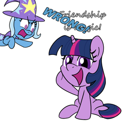 Size: 900x900 | Tagged: safe, artist:unitxxvii, derpibooru import, trixie, twilight sparkle, unicorn twilight, pony, unicorn, boast busters, g4, dialogue, duo, duo female, female, frown, mare, my little pony: friendship is magic, open mouth, open smile, simple background, smiling, waving, waving at you, white background