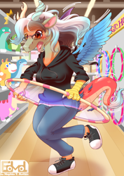 Size: 1614x2283 | Tagged: safe, artist:edmol, derpibooru import, discord, eris, oc, oc only, oc:eri (eris), draconequus, human, female, glasses, holding, hoop, human to draconequus, indoors, open mouth, rule 63, solo, store, surprised, transformation, transformation ring