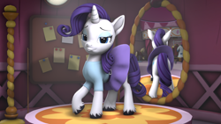 Size: 3840x2160 | Tagged: safe, artist:~stuffguy123, derpibooru import, part of a set, rarity, pony, unicorn, g4, 3d, carousel boutique, clothes, dress, equestria girls outfit, horn, indoors, looking at you, mirror, pouting, pouty lips, source filmmaker, spotlight, strategically covered, unshorn fetlocks