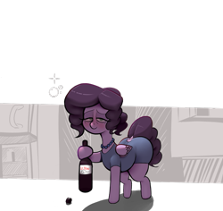 Size: 1037x979 | Tagged: safe, artist:cakeponer, derpibooru import, oc, pegasus, pony, alcohol, bottle, clothes, dress, drunk, female, glass, holding, jewelry, kitchen, milf, necklace, short dress, sleepy, solo, tired, wine, wine bottle, wine glass