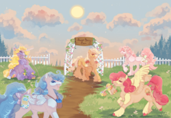 Size: 5238x3614 | Tagged: safe, artist:glorymoon, derpibooru import, applejack, strawberry sunrise, earth pony, pegasus, pony, unicorn, g1, g4, blueberry baskets, boysenberry pie, generation leap, horn, outdoors, strawberry surprise, sweetberry ponies