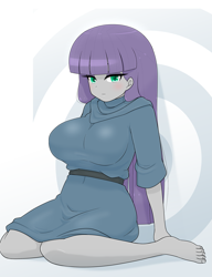 Size: 1837x2396 | Tagged: safe, artist:batipin, derpibooru import, maud pie, human, equestria girls, g4, belly, belly button, big breasts, blushing, breasts, feet, female, looking at you, maud pies, missing shoes, solo