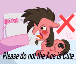 Size: 3000x2500 | Tagged: safe, artist:ace play, derpibooru import, pinkie pie, oc, oc:ace play, earth pony, pony, angry, behaving like a cat, blushing, cheek fluff, chest fluff, crossed out, facial hair, goatee, high res, hissing, lying down, male, meme, please do not the cat, pointing, ponified, ponified meme, ponyloaf, prone, solo focus, stallion, x