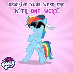 Size: 1080x1080 | Tagged: safe, derpibooru import, rainbow dash, pegasus, pony, g4, bipedal, cap, female, gameloft, hat, mare, my little pony logo, solo, sunglasses