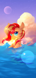 Size: 1080x2340 | Tagged: safe, artist:myriadstar, derpibooru import, sunset shimmer, pony, unicorn, g4, cloud, crepuscular rays, female, horn, lens flare, mare, moon, ocean, outdoors, solo, starry sky, sunlight, swimming, water